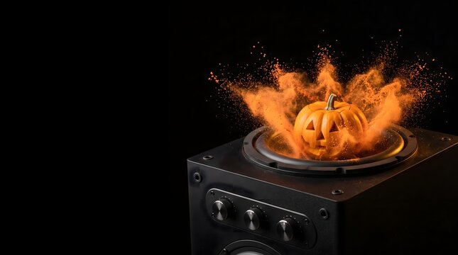 Mini Jack O Lantern on Vibrating Subwoofer Speaker with Exploding Orange Powder