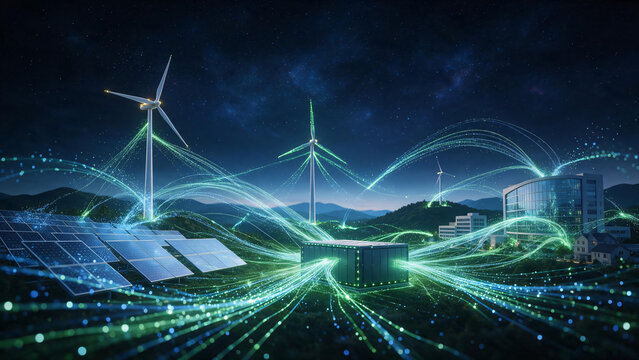 Renewable energy wind power network smart grid glowing data flow at night, futuristic landscape with solar panel field wind turbine farm and battery storage near modern building