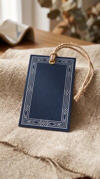 Blank dark blue gift tag with geometric frame and jute string placed on textured linen fabric background