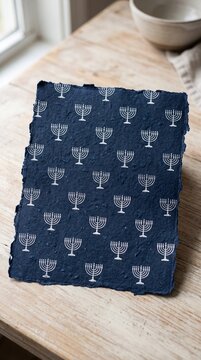 Blue textured paper with printed white menorah pattern for Hanukkah celebration resting on wooden table surface