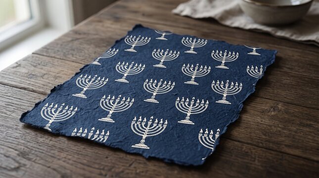 Traditional Jewish menorah pattern printed on handmade dark blue paper with raw edge placed on wooden tabletop