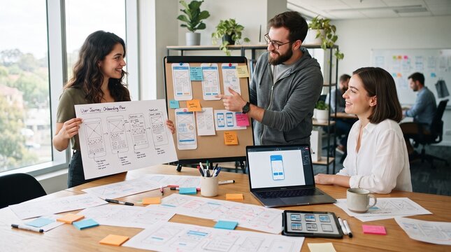 Team Collaborating on UX Design Process
UX Design Workshop in Modern Office
Three Colleagues Planning with Sticky Notes
UX Design Process Sheet and Whiteboard Meeting
Creative Team Brainstorming Aroun
