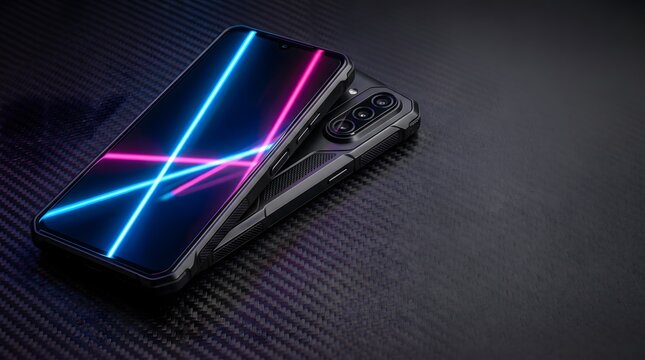 Rugged Matte Black Smartphone with Triple Camera on Carbon Fiber Laser Texture