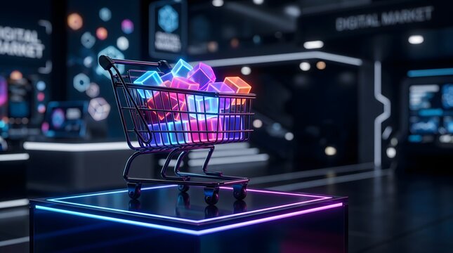 Black Shopping Cart with Glowing Holographic Neon Data Cubes in Digital Store