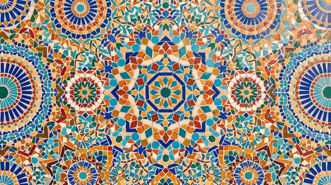 Traditional Moroccan Zellige Mosaic Tile Pattern with Arabic Geometric Motifs