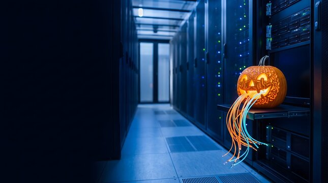 Carved Jack O Lantern with Glowing Fiber Optic Network Cables in Server Room