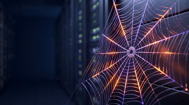 Glowing Fiber Optic Spiderweb Illuminated with Neon Light on Data Center Rack