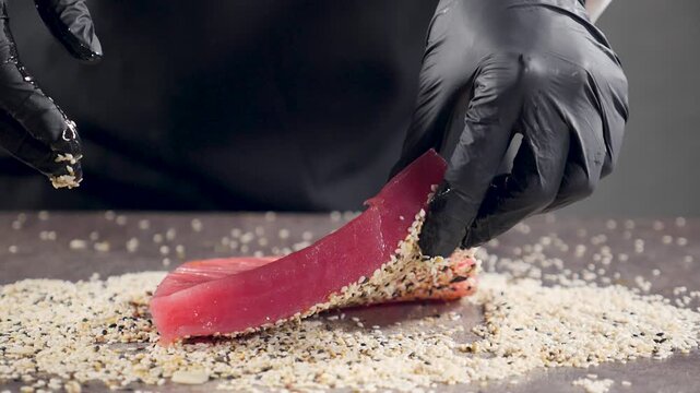 Close-up of chef hand in black glove holding raw tuna steak and coating it with sesame seeds on wooden board. Professional kitchen seafood preparation, gourmet cooking process. Slow motion 4k video