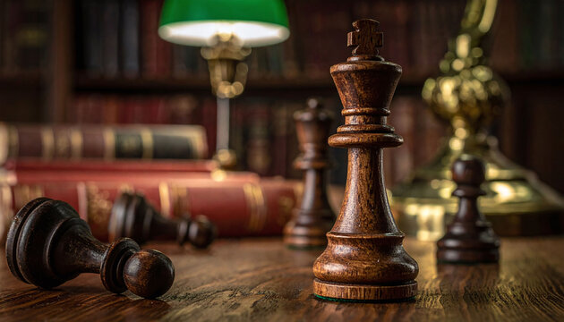 A wooden king chess piece stands tall on a library desk, symbolizing leadership and strategy. Nobody is present in this evocative scene of intellectual conquest and dark, timeless business success.