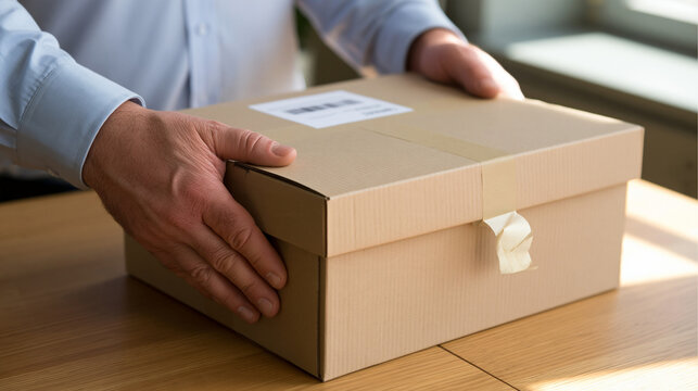 Man holding cardboard parcel box on wooden table for delivery