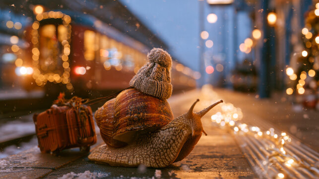 Whimsical snail traveler wearing a winter hat pulling a tiny suitcase