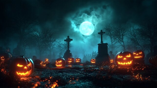 Spooky Halloween graveyard at night with glowing carved pumpkins, ancient tombstones, and a full moon