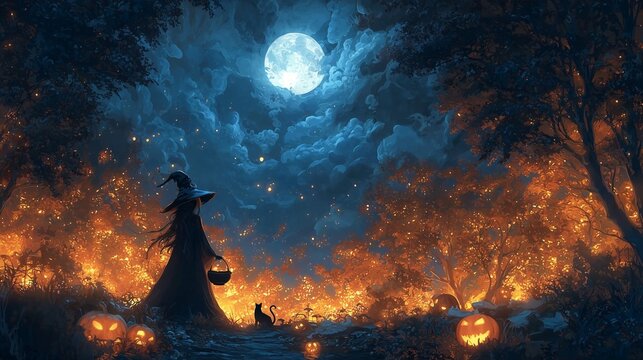 Halloween witch with black cat and glowing pumpkins in magical spooky forest under full moon night sky