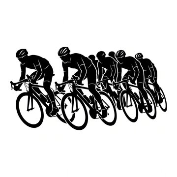 Minimalist Black Silhouette of a Professional Cycling Peloton Racing in a Row. Dynamic Graphic Illustration of Athletic Cyclists Competing in a High-Speed Road Bike Tournament for Sports Design.