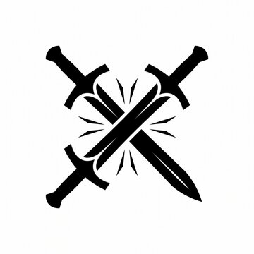 Minimalist black silhouette of two crossed medieval swords clashing with impact sparks. High-quality vector icon perfect for gaming logos, battle symbols, and competitive tournament branding.