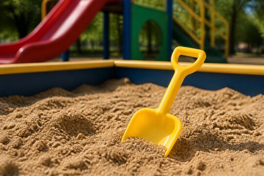 Yellow plastic shovel standing in sand at playground sandbox