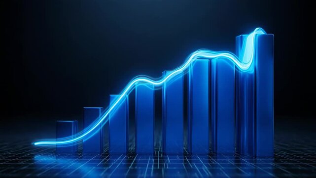 Blue bar chart graph with glowing line ascending in dark studio setting symbolizing growth and progress