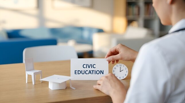 Minimalist Conceptual Illustration Featuring "CIVIC EDUCATION" Typography with Educational Blocks, Citizenship, Public Awareness, Social Responsibility, and Community Learning Concept