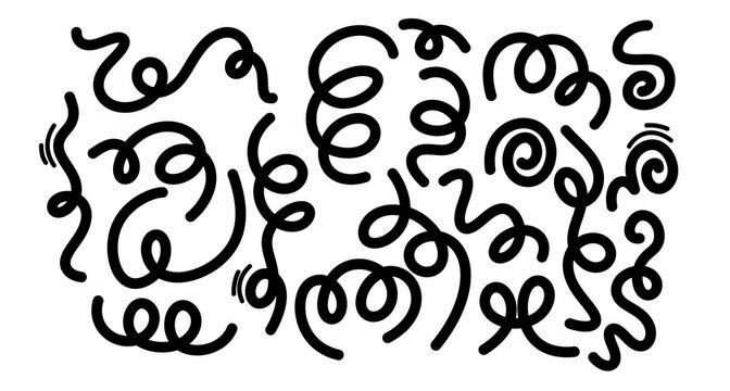 Hand Drawn Curly Doodle Swirls and Spiral Line Art Elements Set