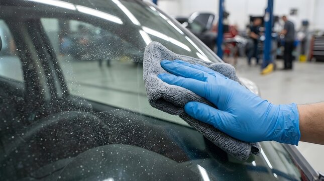 Close-up of a professional worker's hand in a blue nitrile glove cleaning a dirty car windshield with a gray microfiber cloth in an automotive service center or detailing garage workshop.