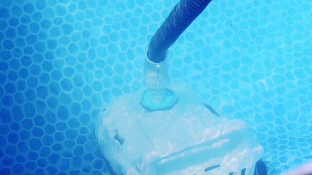 Underwater pool vacuum equipped with filter and flexible hose, cleaning accumulated sand and debris from swimming pool floor
