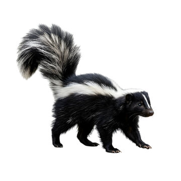 Skunk walking on all fours with raised tail