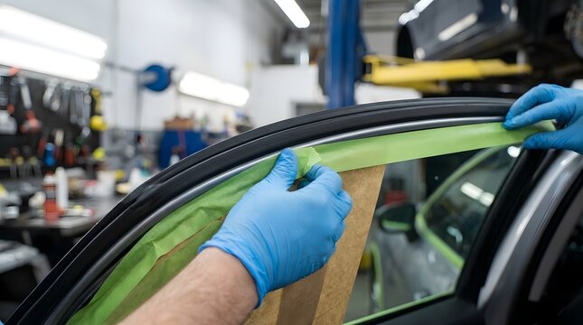 Professional auto body technician wearing blue nitrile gloves applying green masking tape and protective paper to a vehicle door frame in a garage for painting and detailing preparation.