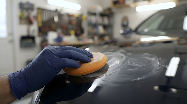 Professional Detailer in Blue Nitrile Gloves Applying Protective Car Wax with an Orange Applicator Pad on the Shiny Surface of a Black Vehicle, Automotive Paint Maintenance and Polishing in Garage