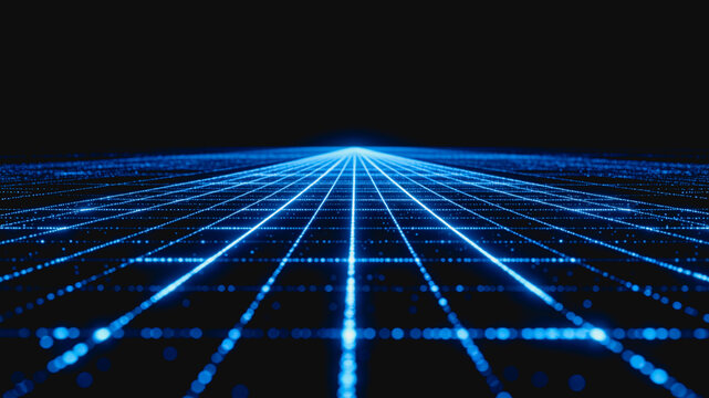 A 3D rendered futuristic digital grid with glowing blue lines and dots receding into a dark, abstract horizon, representing technology and data.