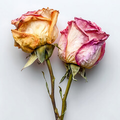 Fototapeta premium Two dried orange and pink roses arranged together with dried flowers