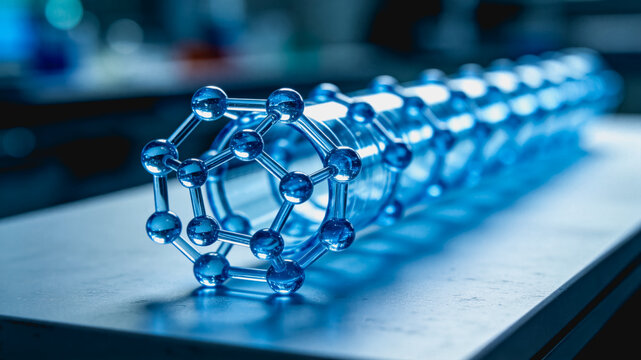 A 3D molecular model of a nanotube, a key nanoscale structure, placed on a laboratory bench for scientific research and education use.