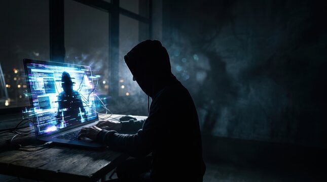 Silhouette of anonymous hacker using laptop with digital glitch screen in dark room with copy space