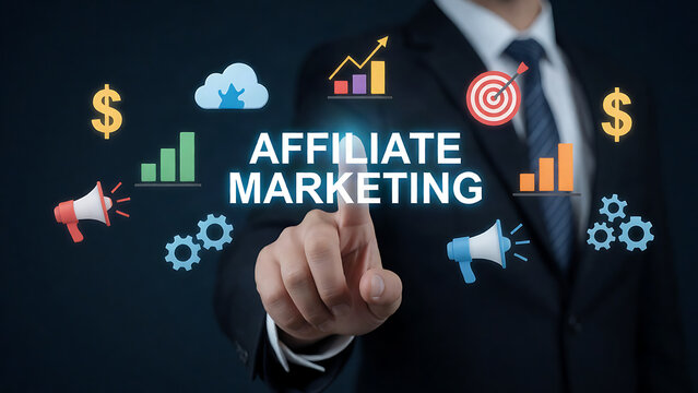 Businessman pointing at virtual screen with affiliate marketing concept