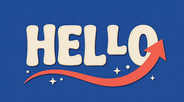 Hello text graphic with a red arrow and stars on a solid blue background for greeting concepts