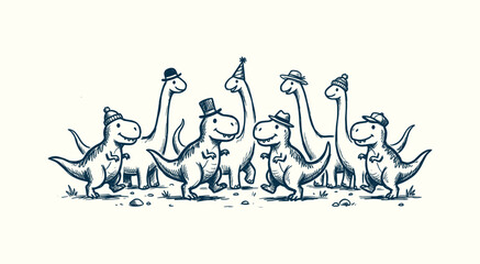 Charming hand-drawn illustration of cute friendly dinosaurs wearing various funny hats and caps © Salma