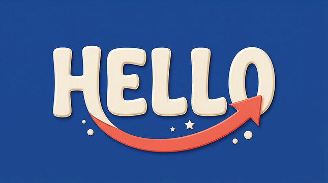 Hello text typography with a red arrow graphic on a solid blue background for greeting concepts