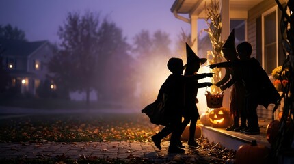 Cinematic silhouettes of children in costumes trick-or-treating on a misty porch with glowing pumpkins and wide copy space for Halloween banner.