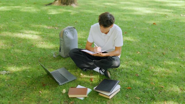 Caucasian scholar thinking about homework while sitting on the campus grass.
