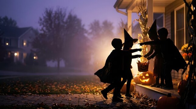 Cinematic silhouettes of children in costumes trick-or-treating on a misty porch with glowing pumpkins and wide copy space for Halloween banner.