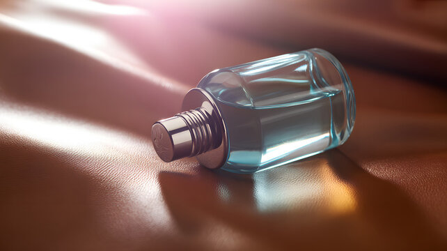 Blue glass perfume bottle lying on a silky surface with warm light
