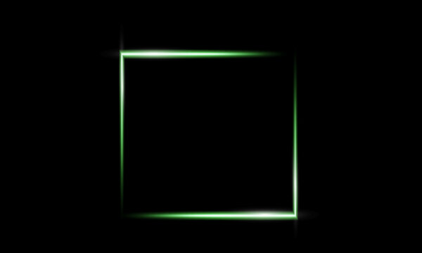 Futuristic neon green square frame with glowing light lines on black background