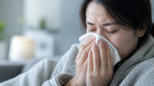 Person Resting at Home Experiencing Discomfort While Wiping Congested Nose with Tissue in Cozy Environment