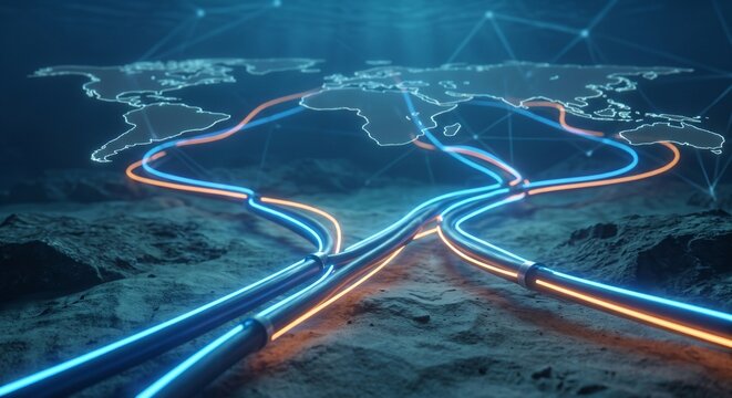 Submarine communication cables lying on the deep ocean floor with a glowing world map network