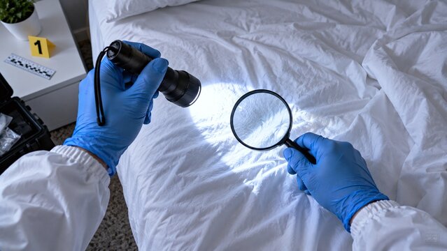 First-person view of a forensic investigator examining a crime scene bed with a flashlight and magnifying glass in protective gear
