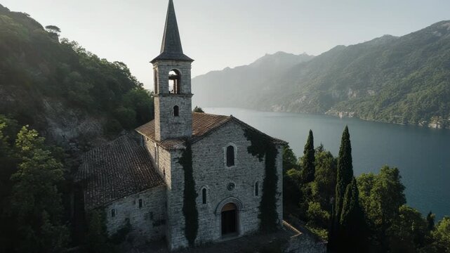 Ancient stone church on a sunlit hillside overlooking a serene lake with rolling hills in the background