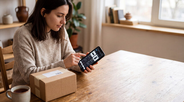 Focused woman using smartphone app to compare products at wooden table with parcel