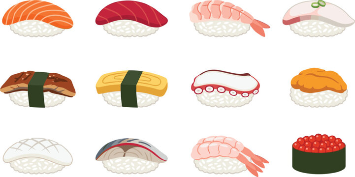 Traditional Japanese Sushi and Nigiri Icon Set with Salmon Tuna Shrimp Tamago Eel Octopus and Ikura Gunkan Vector Illustration Designs