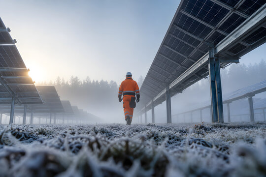 Atmospheric solar maintenance scene with mist and strong color contrast.