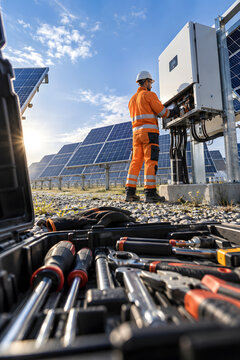 Open maintenance toolbox creates foreground framing for a solar technician.