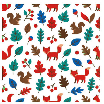 Autumn pattern with foxes and squirrels